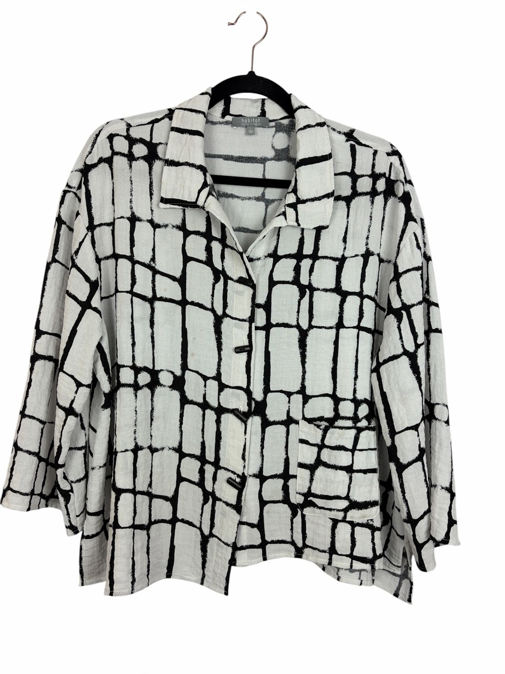 Habitat Black & White Abstract Grid Print Linen Blend Blouse Top Large FLAW